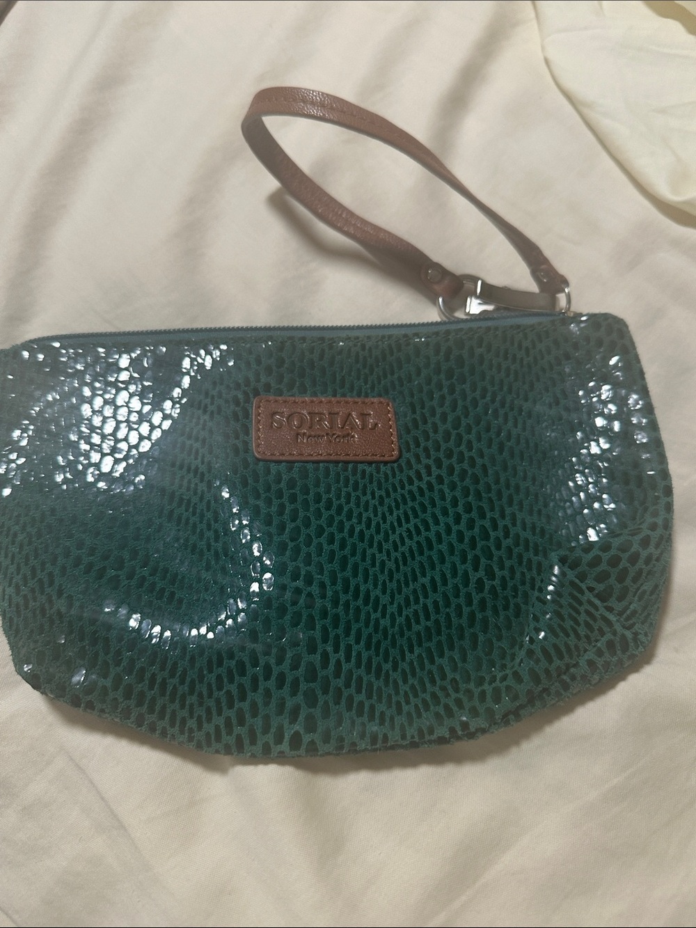 SORIAL Rubina Green Teal  Snakeskin Embossed Wristlet Small Handbag 6”